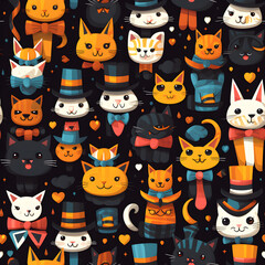 Seamless pattern Colored cats with bowties happy spiders in tiny hats ,Generative AI tools
