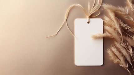 Close-up white blank tag with a rope for mockup on cream color background