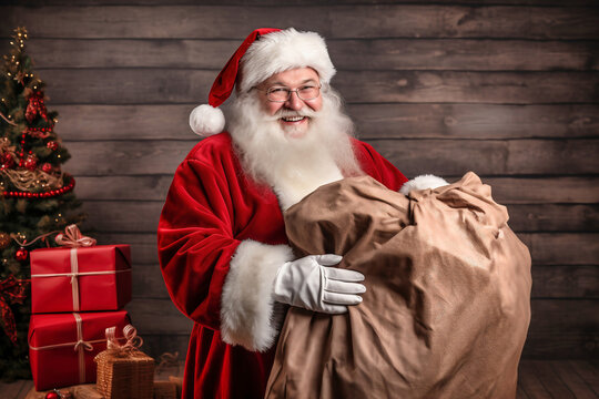 Happy Santa Claus with a big bag of gifts for children on the background of the Christmas tree. Merry Christmas. New Year's Eve concept. Bright image of Santa for advertising and design.
