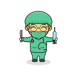 Cute Doctor Holding Stethoscope and Injection Cartoon Vector Icon Illustration. People Medical Icon Concept Isolated Premium Vector. Flat Cartoon Style
