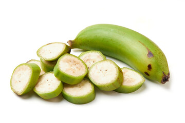 Group of unripe bananas (green) isolated on white background, unripe bananas are versatile and high in fiber. Top view of sliced banana inside, seeds and green banana peel.