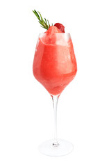 Strawberry smoothie served in clear glass decorated with rosemary and fresh strawberry isolated on white background. sweet and sour. healthy smoothies.