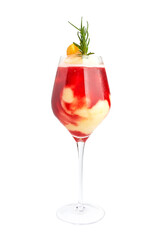Peach and Berry smoothie served in clear glass decorated with rosemary and sliced fresh peach isolated on white background. healthy smoothies.