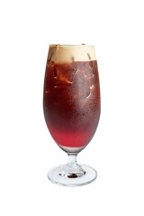 Glass of Red Iced Coffee Sparkling isolated on white background. Drink are divided into 3 layers, the red sparkling soda at the bottom, the coffee in the middle. and the top layer is a foam.