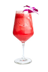Watermelon smoothie served in a clear glass decorated with purple orchids isolated on white background. Refreshing, sweet and healthy smoothies.