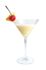 Pineapple martini in glass with sliced fresh pineapple and cherry isolated on white background. martini cocktail fruit.