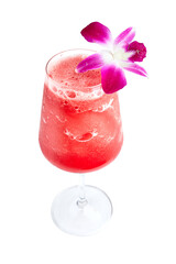 Watermelon smoothie served in a clear glass decorated with purple orchids isolated on white background. Refreshing, sweet and healthy smoothies.