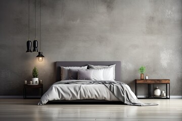 soft grey bed in a minimalistic bedroom with concrete walls (Generative AI)