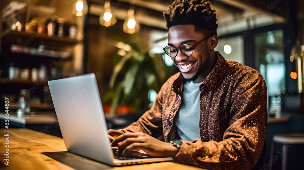 Wall mural modern african american man working with laptop and smiling while sitting at cafe table. happy young