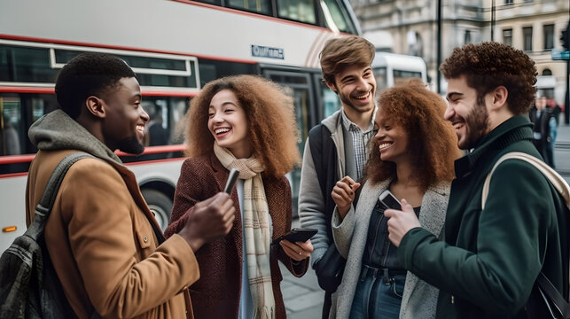 Diverse group of university friends smiling and catching up at bus stop, Happy young university students smiling and talking on sunny city sidewalk