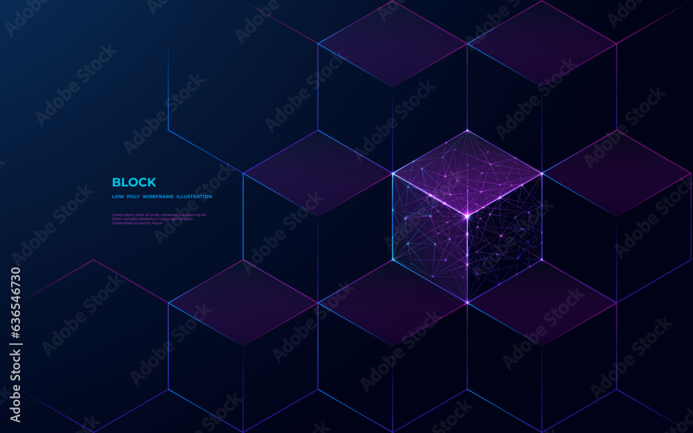 Poster Dark violet hexagonal technology abstract vector background with purple color. Digital blockchain concept. Linked blocks or cubes as a honeycomb. Low poly wireframe futuristic style. Polygonal art