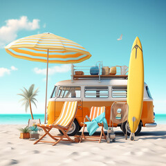 Ready for summer travel. yellow van with deck chair and beach accessory 3D Rendering, 3D Illustration Generative AI
