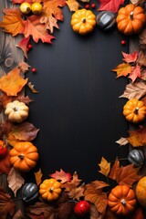 Naklejka na ściany i meble Halloween signboard mockup with pumpkins and fallen leaves 