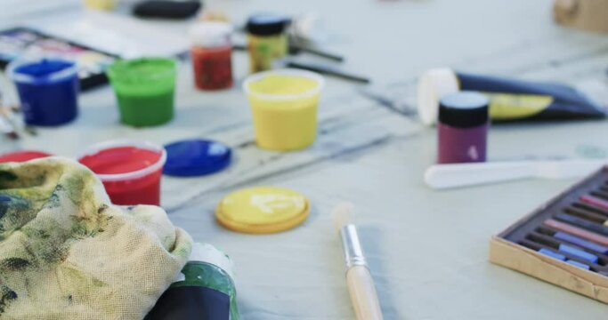Close up of paints in studio, slow motion