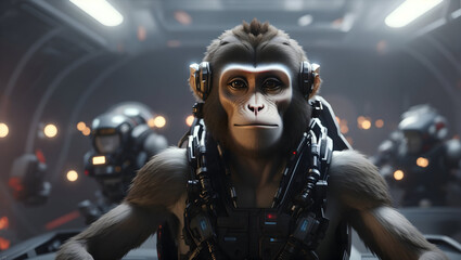 Obraz na płótnie Canvas monkey in the alien ship with a robot.