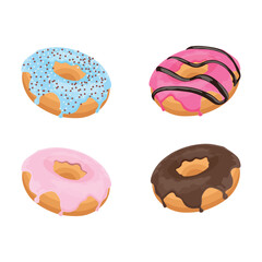Vector illustration of multiple donuts cake in cartoon flat style. Delicious pink and chocolate art dessert. Pastry and bakery element for logo, icon, sticker, emblem etc isolated on white background.