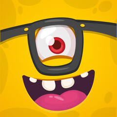 Cartoon monster face with one eye and glasses. Vector Halloween monster illustration