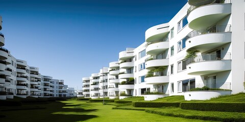 Modern white apartment with green grass landscape. Luxury condo design with background. Stylish and sky view