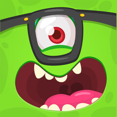 Cartoon monster face with one eye and glasses. Vector Halloween monster illustration