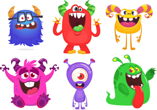 Funny cartoon monsters set: monster yeti troll gremlin and alien creatures. Halloween vector design isolated