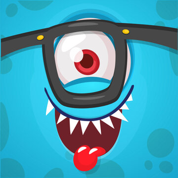 Funny cartoon monster face with one eye and glasses. Vector Halloween monster illustration