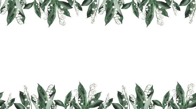 Watercolor banner with spring lilies of the valley branches. Illustration isolated, white backgraund. Design for printing postcards, invitations to weddings, birthdays, spring and summer holidays