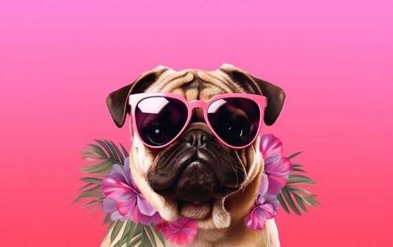 Cute pug on pink white background. AI