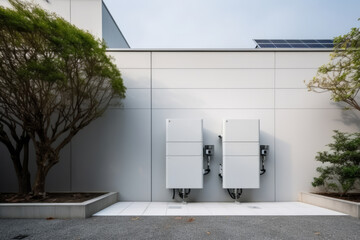 An alternative electric energy storage system, in the form of battery packs, is mounted on the wall of a house's garage.