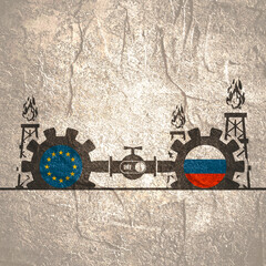 Image relative to gas transit from Russia to European Union. Gears connected by gas pipe. National flags on cog wheels. Switch off toggle.