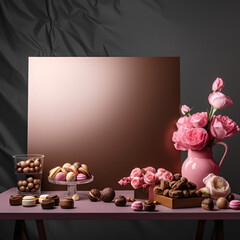 Obraz na płótnie Canvas brown frame with art decoration and design from roses, chocolates and macaruns cookies