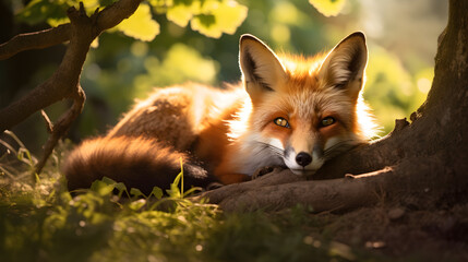 Red fox sleeping on tree branch in deep Jungle