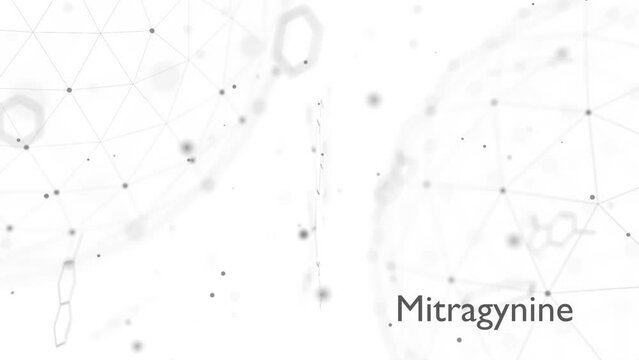 Mitragynine molecule. It is the herbal alkaloid with opiate-like properties produced by plant Mitragyna speciosa Korth, kratom. Structural chemical formula