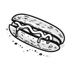Vector Illustration of a Doodle hot dog HandDrawn vector with lines drawing for logo,icon, black and white cartoon flat style