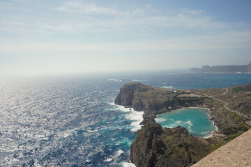 Saint Paul bay, Aegean Sea landscape from ancient town of Lindos and Acropolis rocky ruins. Rhodes,...