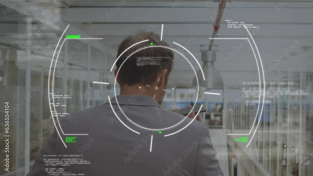 Poster animation of data processing and scope scanning over rear view of businessman talking on smartphone