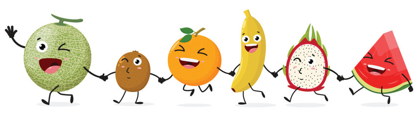 Cute cartoon character watermelon, cantaloupe, orange, kiwi fruit and banana 