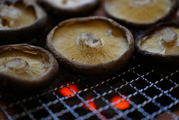 炭火で焼くシイタケ
