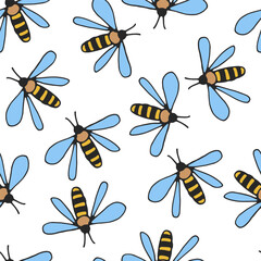 Seamless pattern of bees on a white background. Hand drawn, vector.