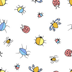multicolored beetles simple linear drawing, black outline. Hand drawn, vector, seamless pattern.