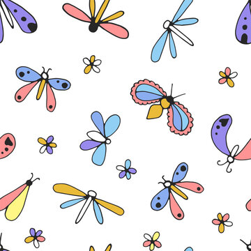 multicolored butterflies simple linear drawing, black outline. Hand drawn, vector, seamless pattern.