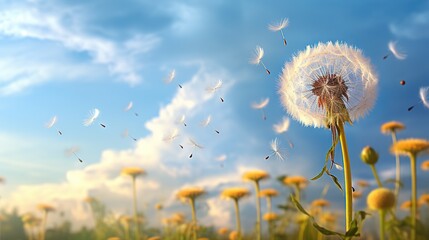  a dandelion blowing in the wind on a sunny day.  generative ai - obrazy, fototapety, plakaty