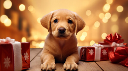 AI generated, Beautiful portrait of  cute adorable labrador dog celebrating Christmas. Beautiful design for postcards, napkins etc. Xmas celebration. Close up portrait.