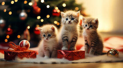 AI generated, Beautiful portrait of  cute adorable kittens celebrating Christmas. Beautiful design for postcards, napkins etc. Xmas celebration. Kittens posing for Christmas.