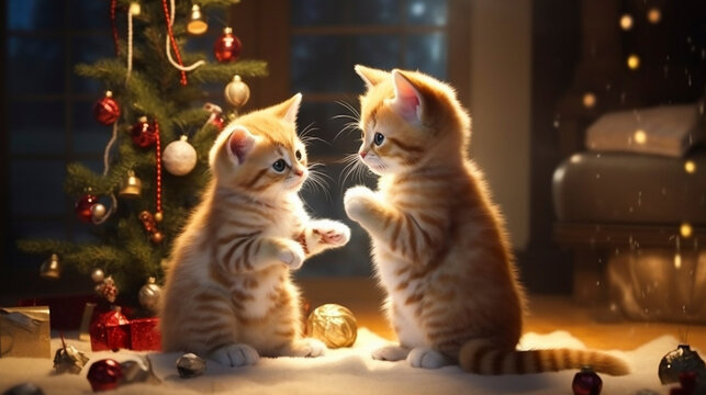 AI generated, Beautiful portrait of  cute adorable kittens celebrating Christmas. Beautiful design for postcards, napkins etc. Xmas celebration. Kittens posing for Christmas.
