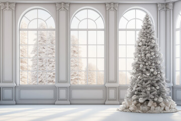 Fototapeta na wymiar White Christmas interior classic design with a Christmas tree, Celebrating Christmas concept
