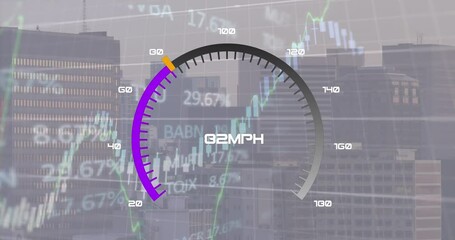 Animation of changing numbers in speedometer with multiple graphs and trading board over city - Powered by Adobe