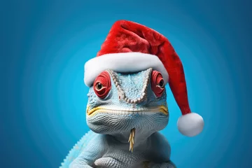 Tuinposter Funny looking chameleon wearing a Christmas hat. Posing on blue background, funny looking. Celebrating Christmas concept © fogaas