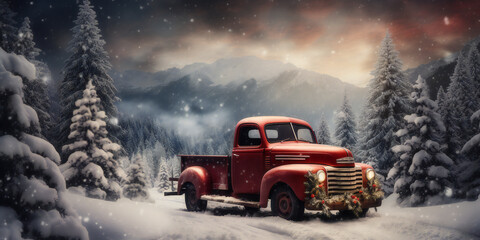 Abstract image of a classic red truck en route to the Christmas tree lot in a snowy winter landscape