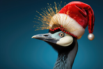 Crowned Cane is wearing a Christmas hat. Posing on blue background, funny looking. Celebrating...