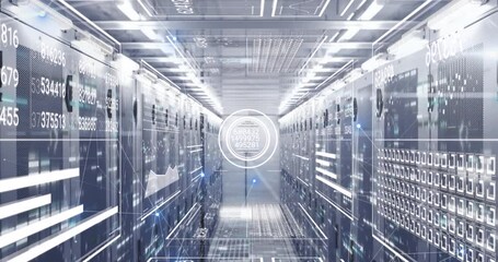 Animation of connected dots, loading bars, circles, squares, graphs over server room - Powered by Adobe